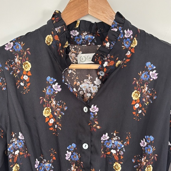 Exclusive Fit n Flare Ruffles Long Sleeve Floral Black Midi Dress Smocked Waist - Picture 5 of 10